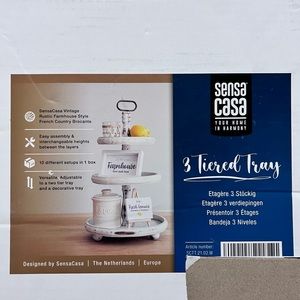 SensaCasa 3 Tiered Tray. White Farmhouse Design.